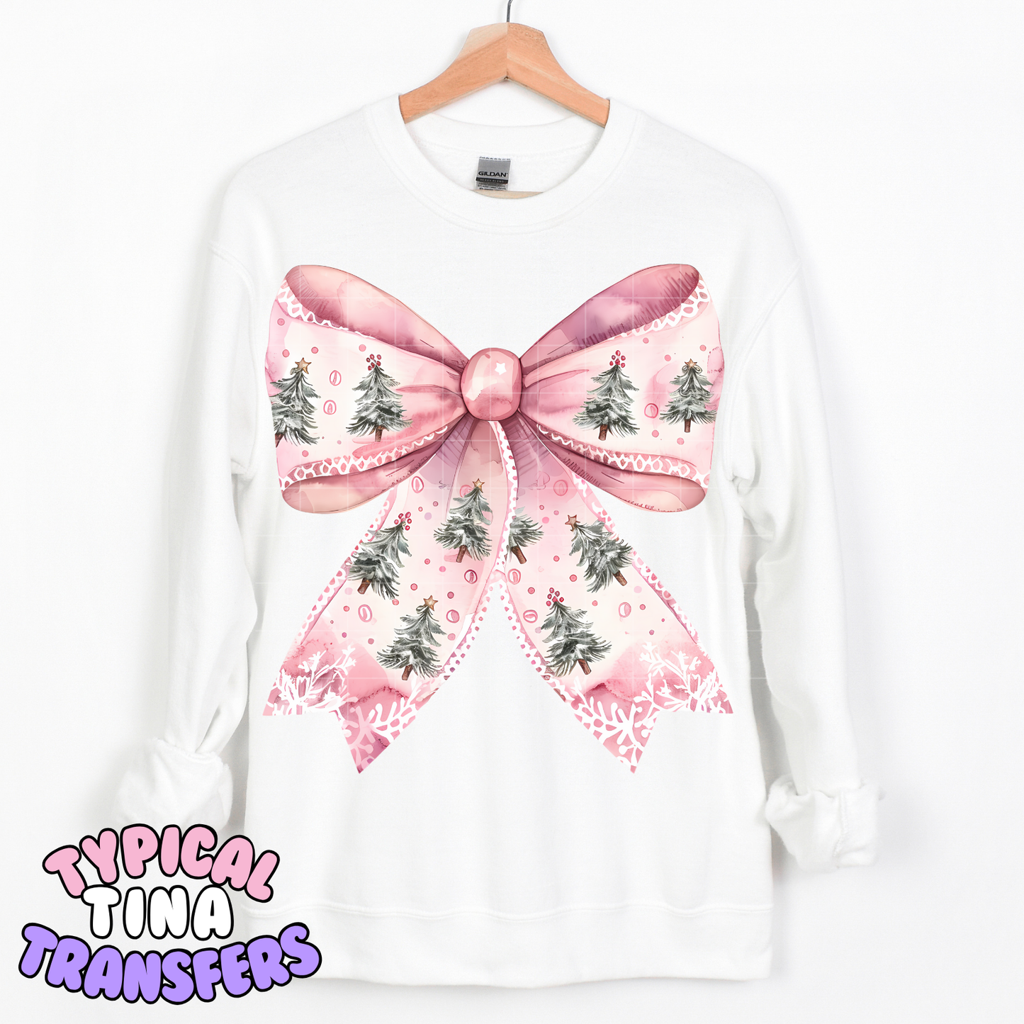 Pink Holiday bow with trees | DTF Transfer | POD