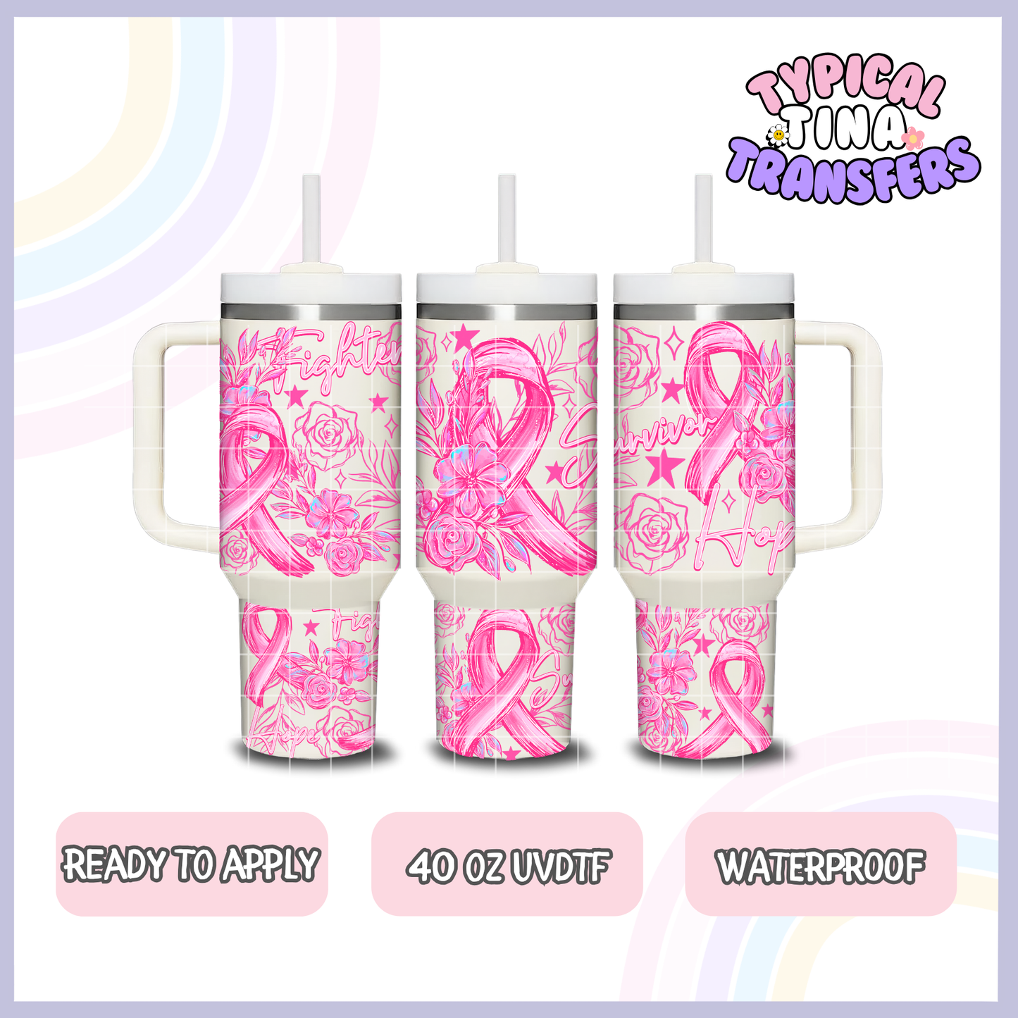 Pink Survivor Ribbon | 40oz UVDTF Wrap | POD
