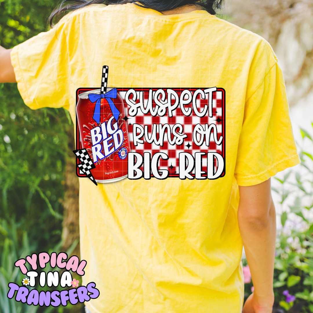 Suspect runs on Big Red background | DTF Transfer | 11" Adult