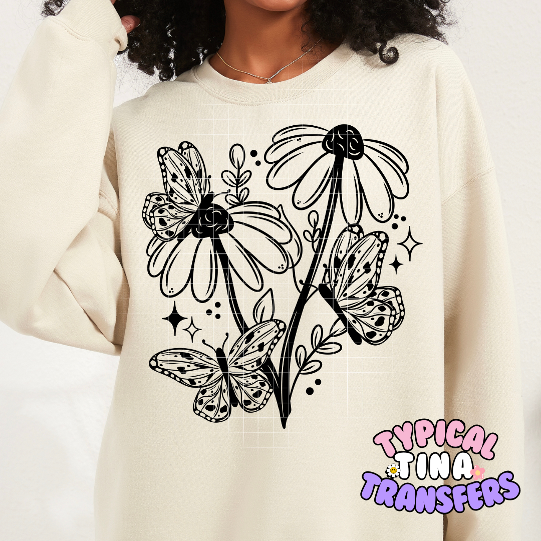 Sketched Flowers and butterflies | DTF Screen Print | POD