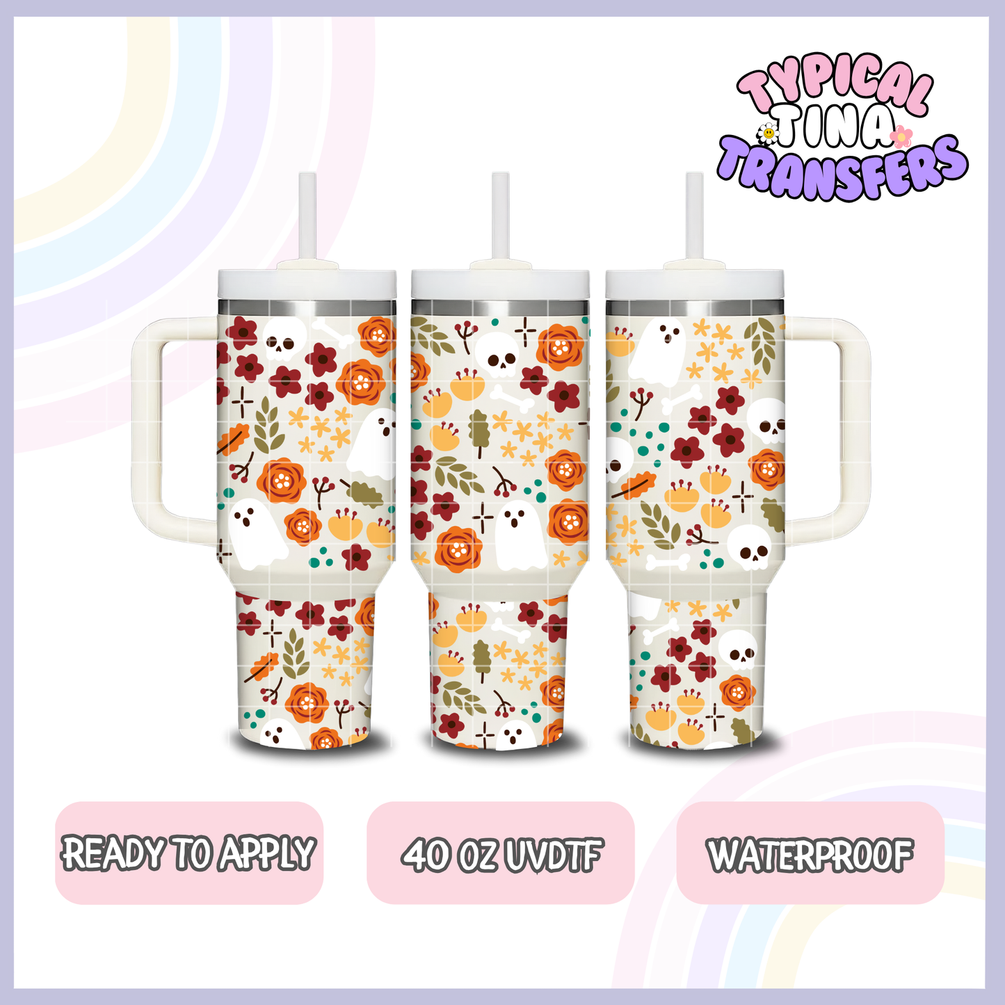 Fall Florals and mini ghosts | 40oz UVDTF Wrap | POD