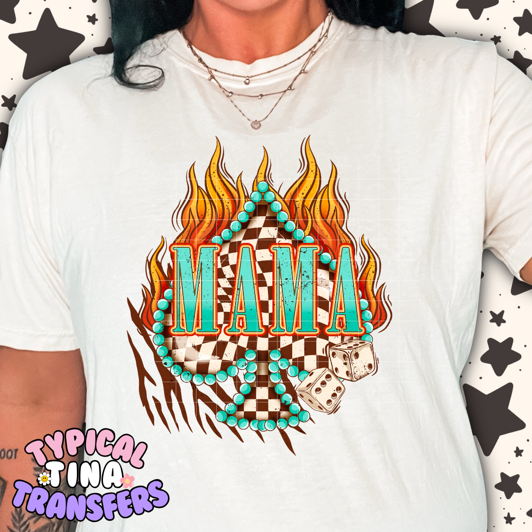 Checkered Teal Mama Fire | DTF Transfer | POD