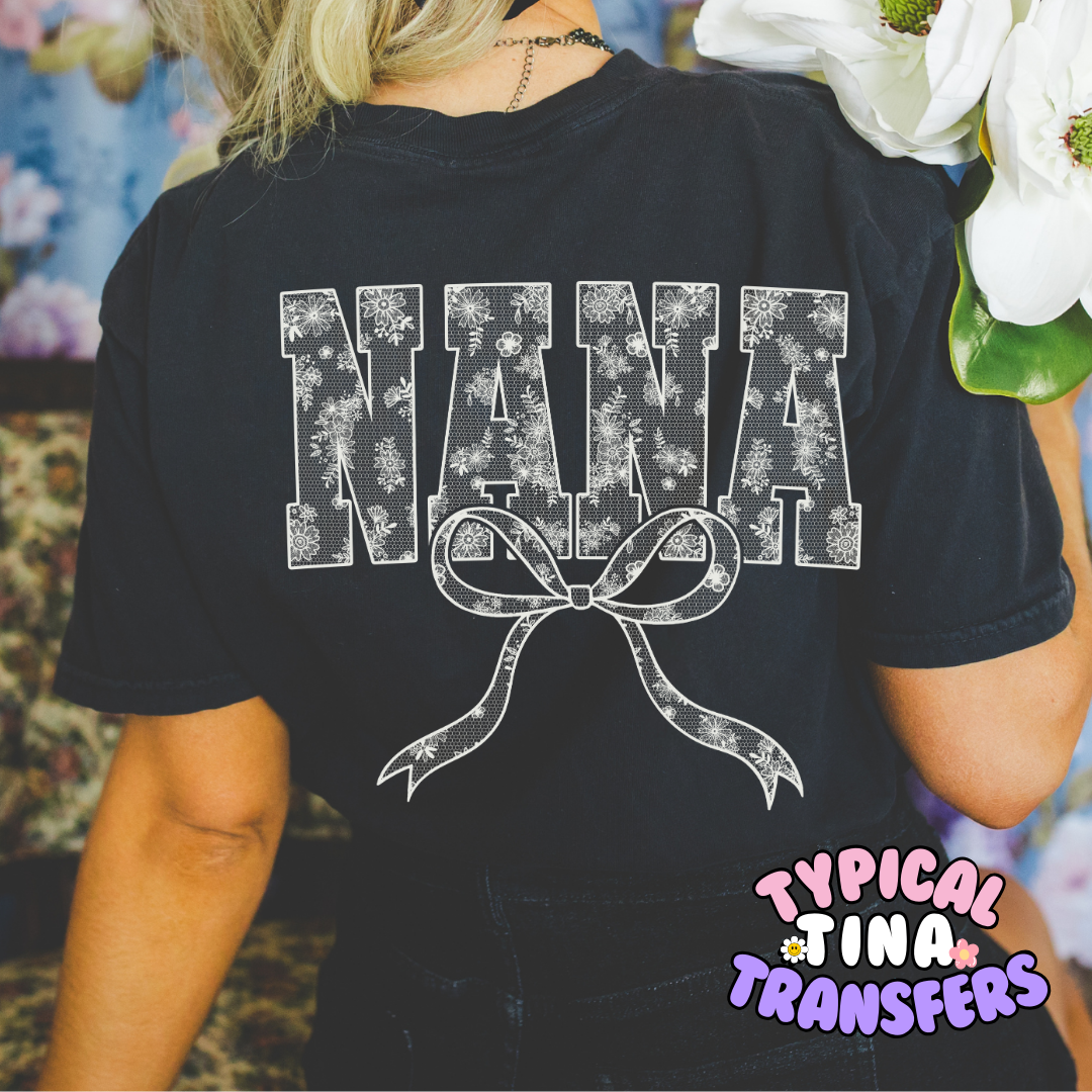 Lace Nana with bow (white) | DTF Transfer | 12" Adult