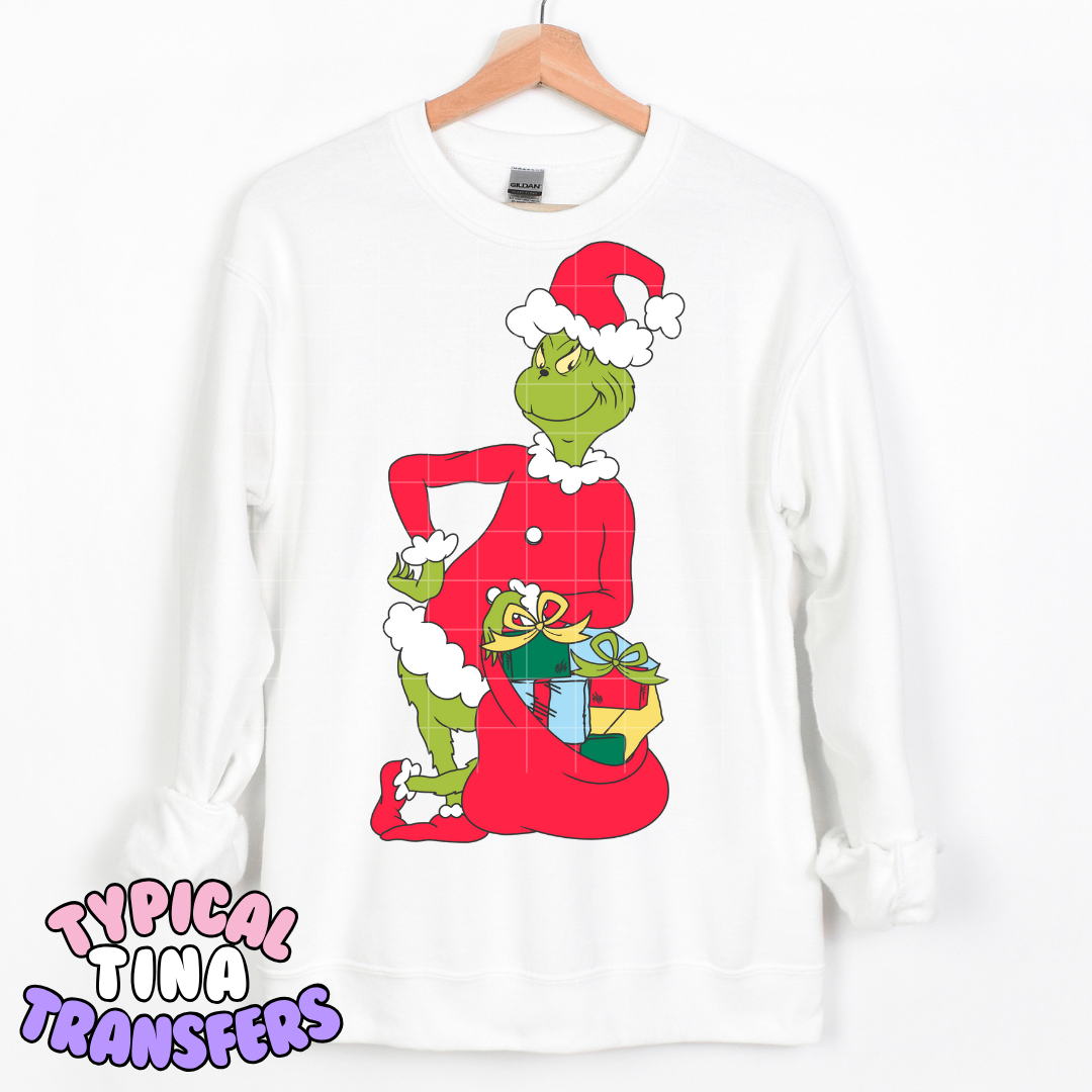 Gr!nch Classic in red with Santa Sack | DTF Transfer | POD