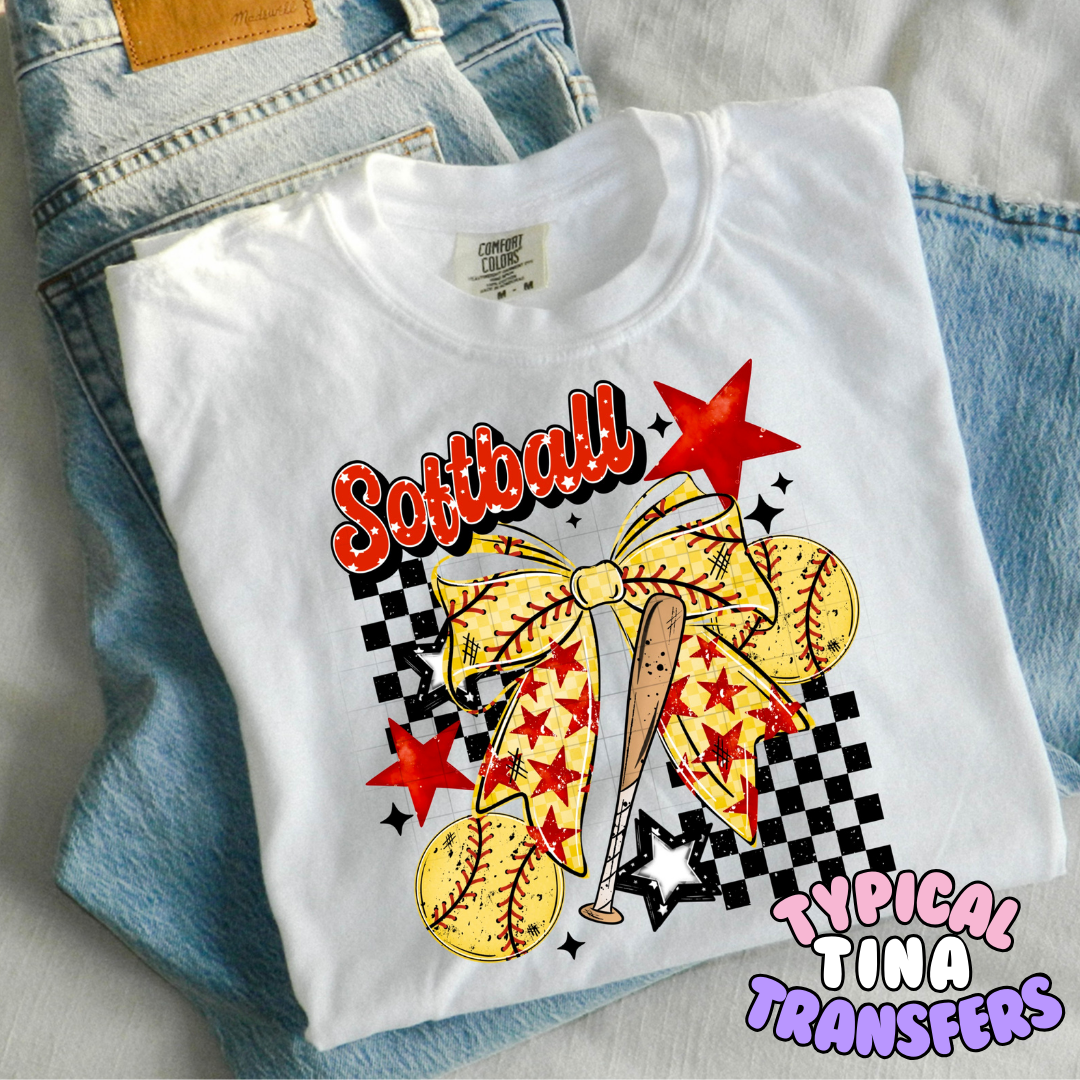 Softball bat and bow checkered | DTF Transfers | POD