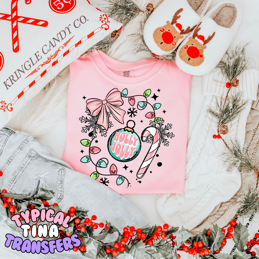 Holly Jolly Lights, candy cane bow (pink) | DTF Transfer | POD