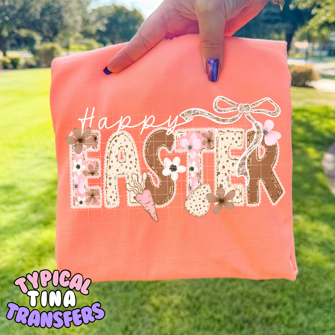 Happy Easter in floral and dot pattern | DTF Transfers | POD