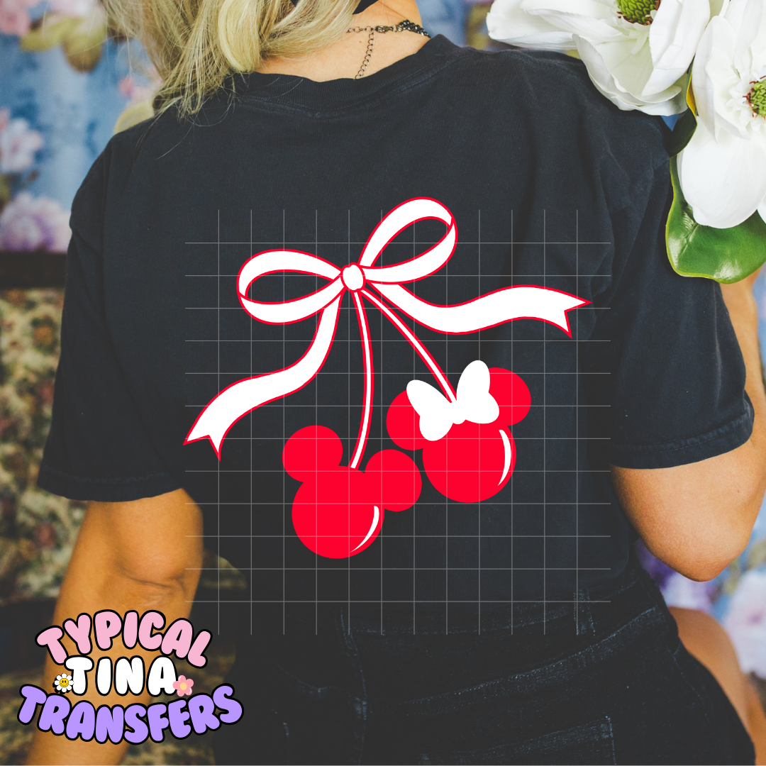 Cherry Mouse White ribbon | DTF Screen Print | POD
