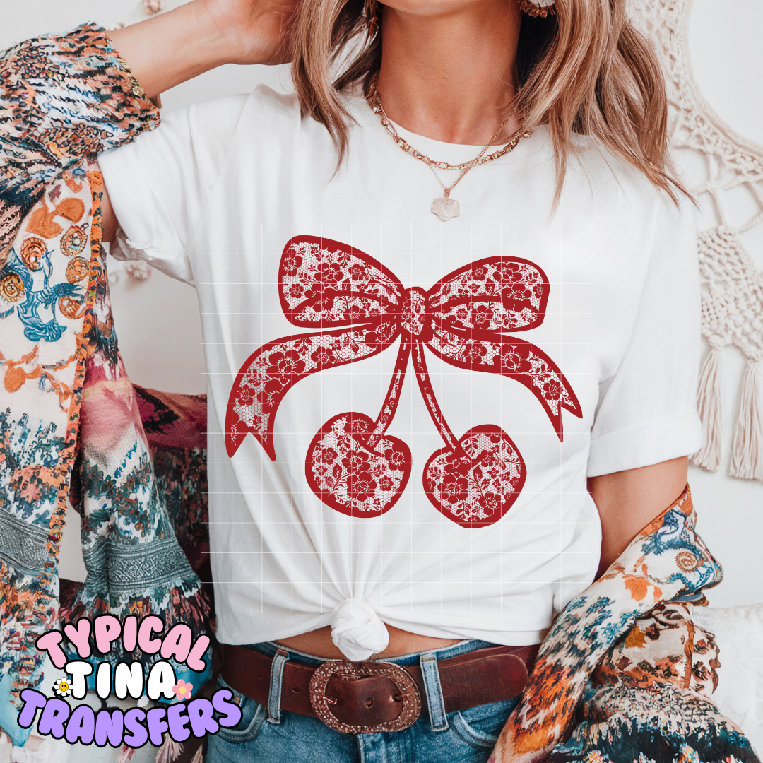 Lace Cherry Red Bow | DTF Screen Print | POD
