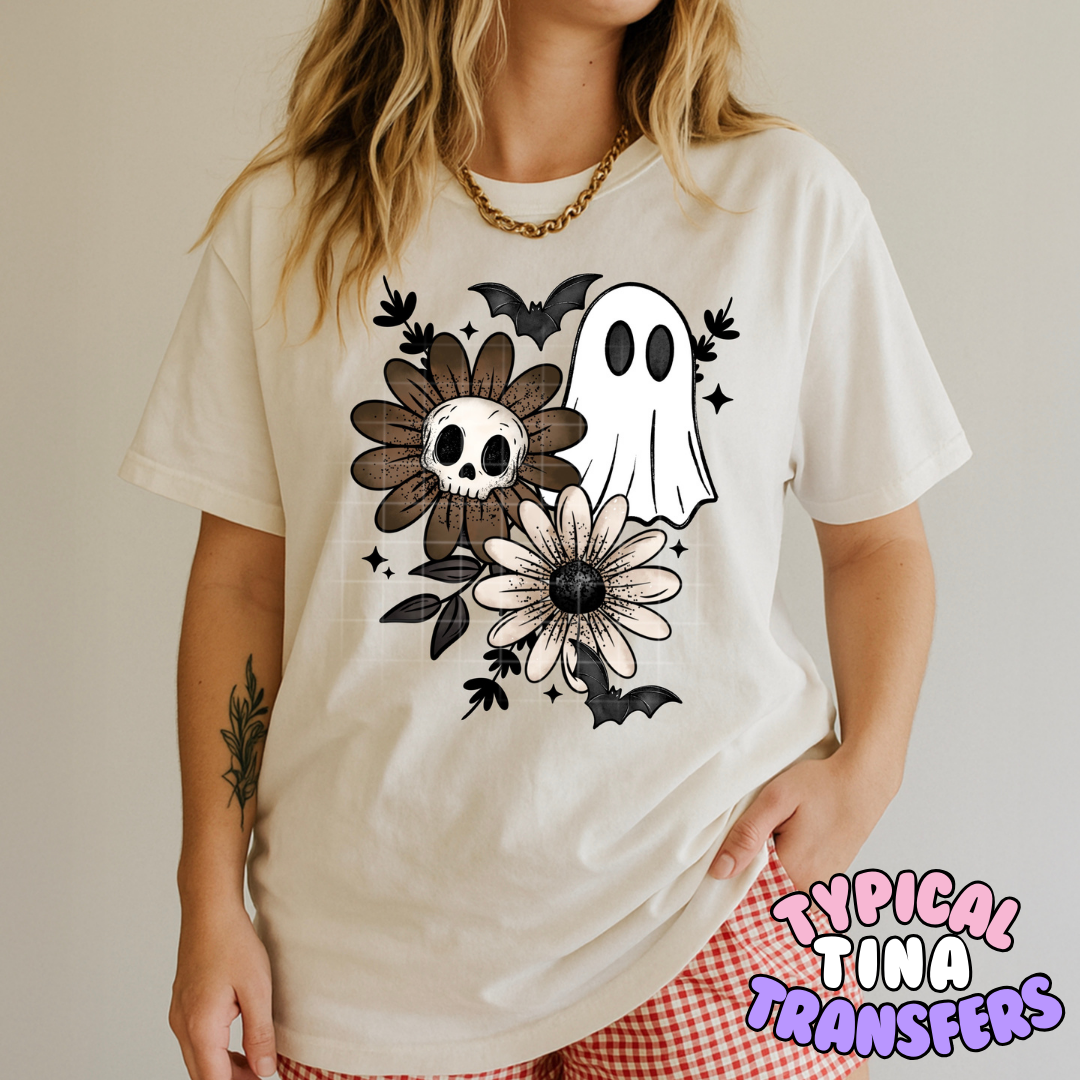 Ghost skull floral (brown tones) | DTF Transfers | POD