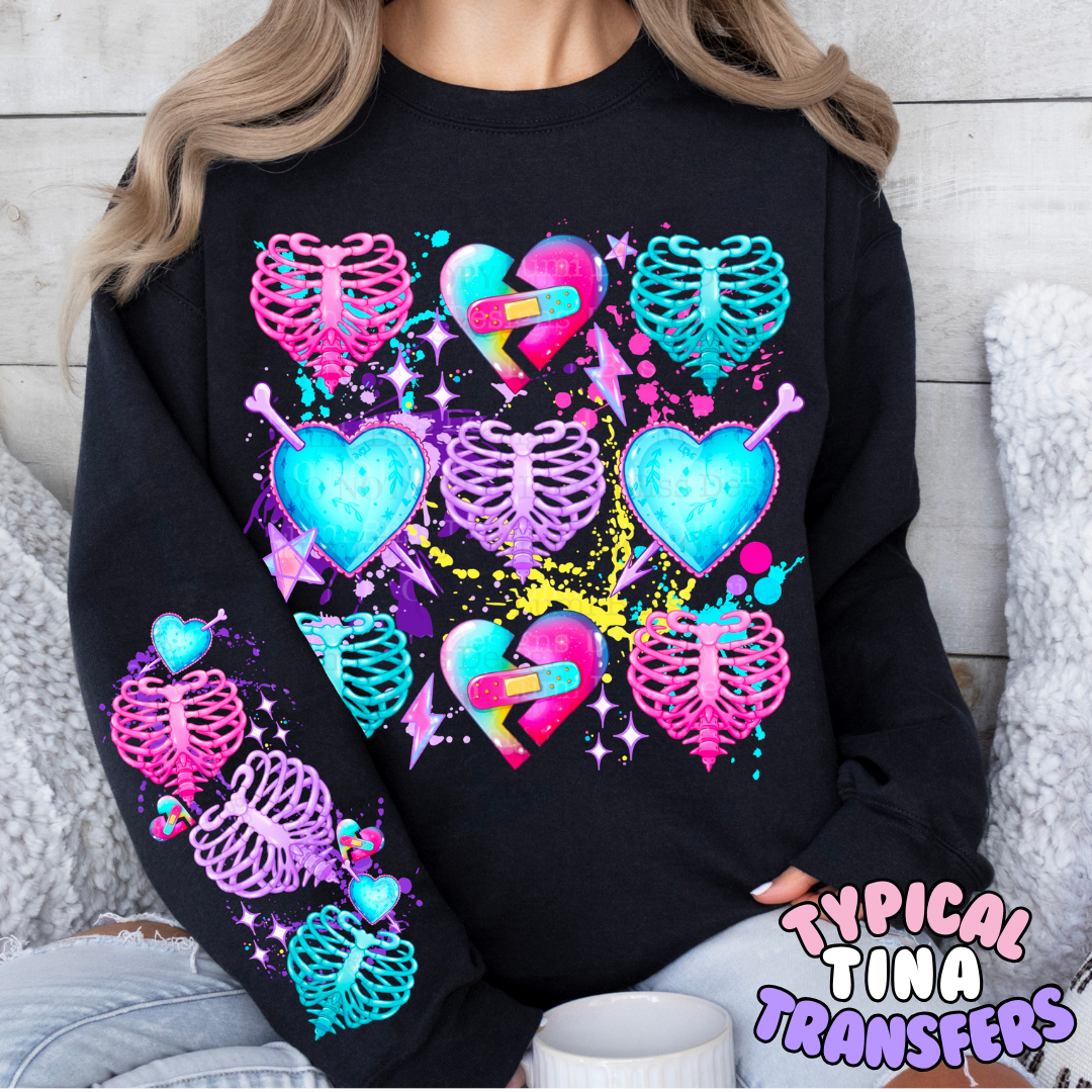 Bright pink, blue ribcage and broken hearts | DTF Transfers | POD