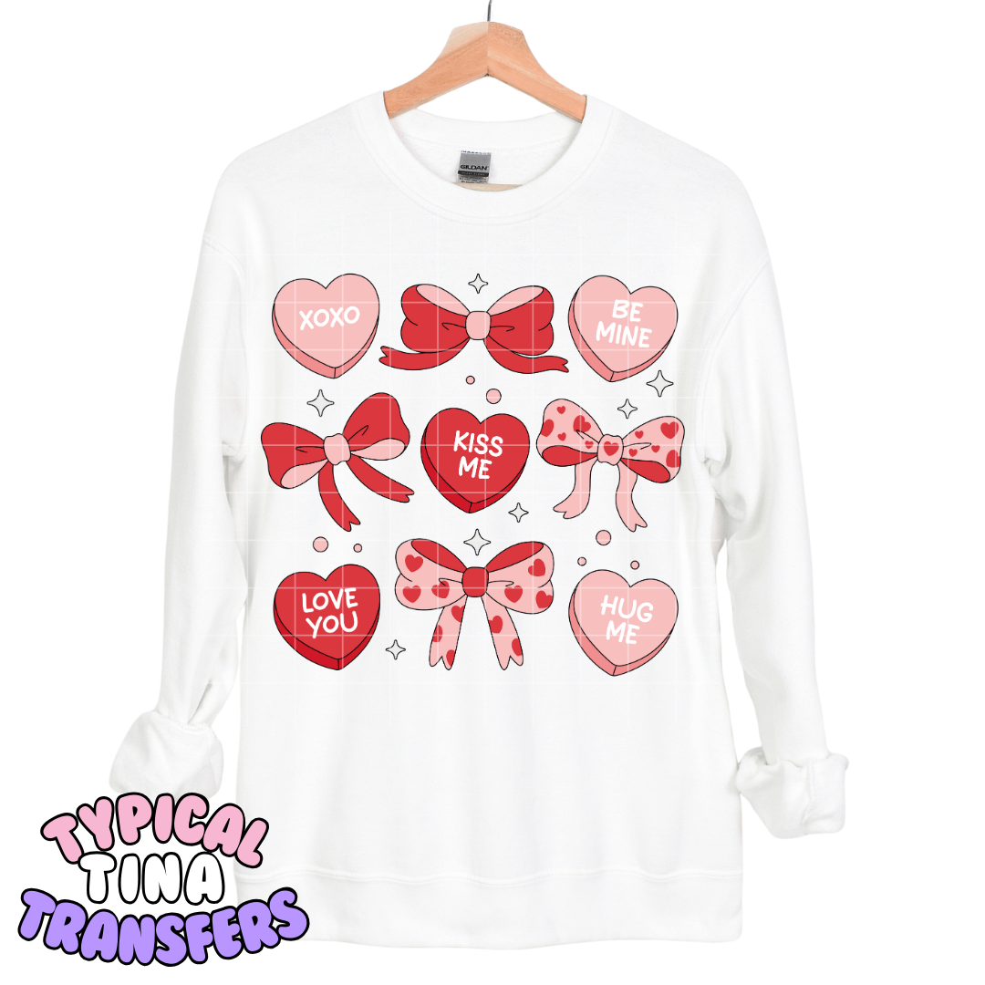 red and pink Vday candy hearts and bows | DTF Transfers | POD