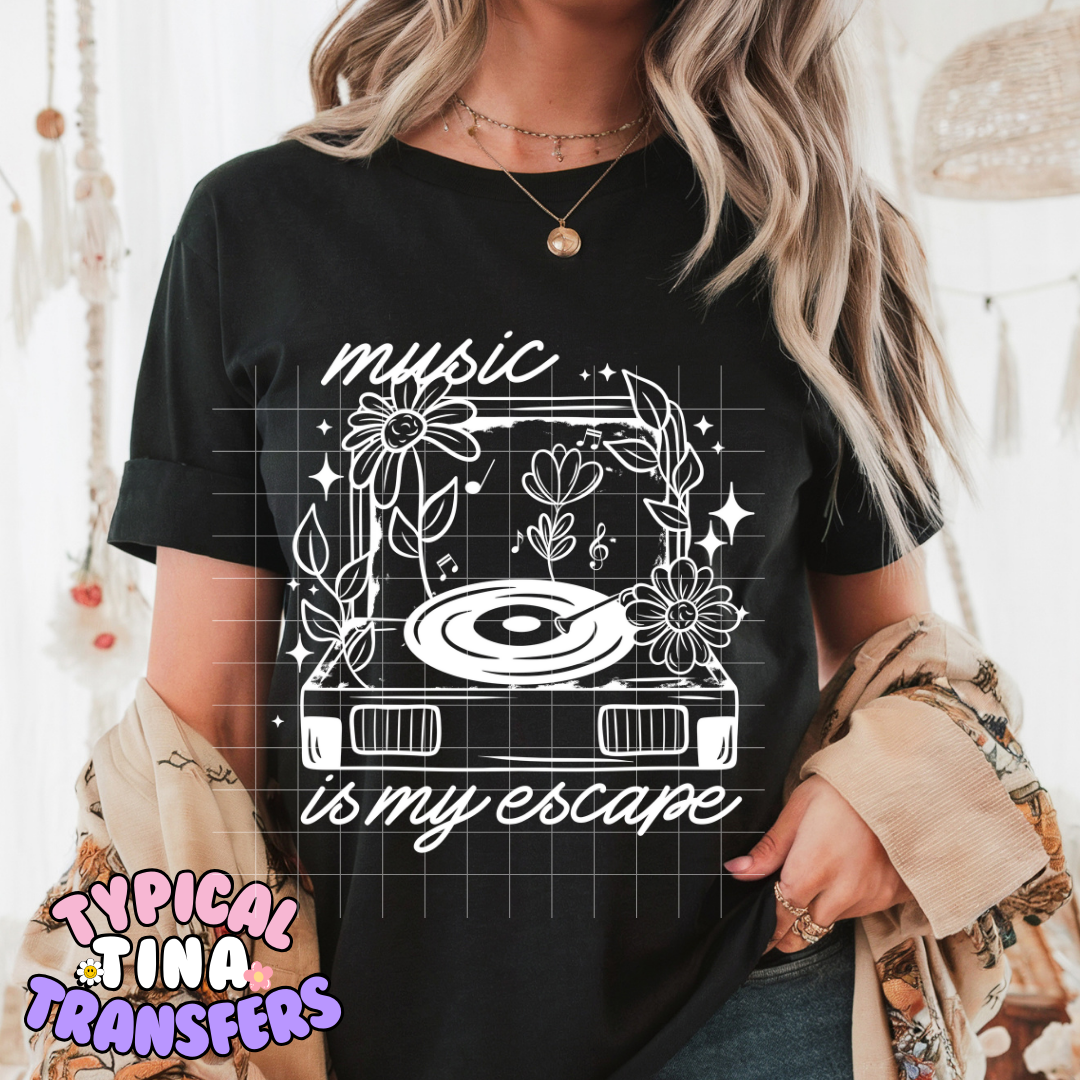 Music is my escape (white letters)| DTF Screen Print | POD