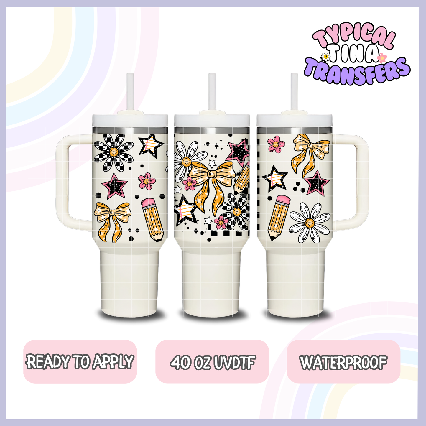 bows, pencils, florals checkered | 40oz UVDTF Wrap | POD