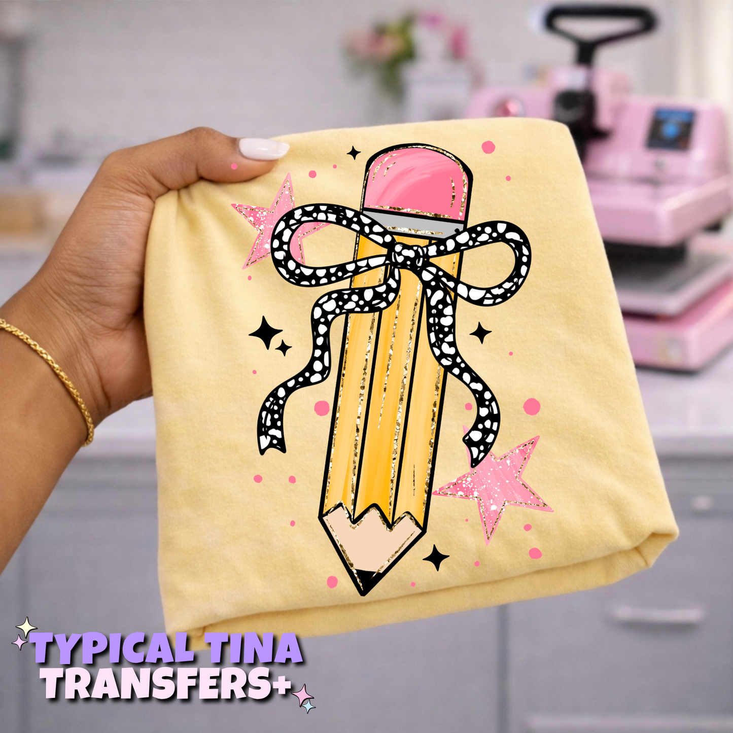 Pencil w/ glitter and bow | DTF Transfers | POD