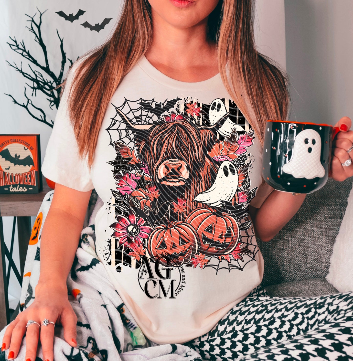 Halloween highland cow with ghosts | DTF Transfer | POD