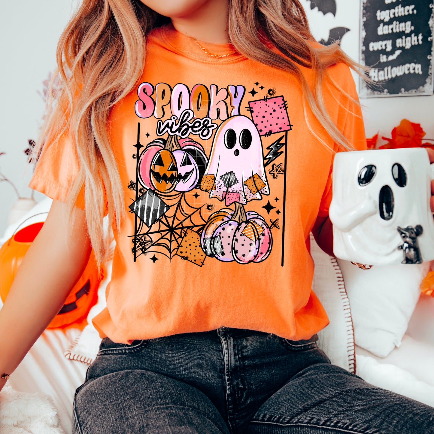 Spooky Ghost and pumpkin with web | DTF Transfer | POD