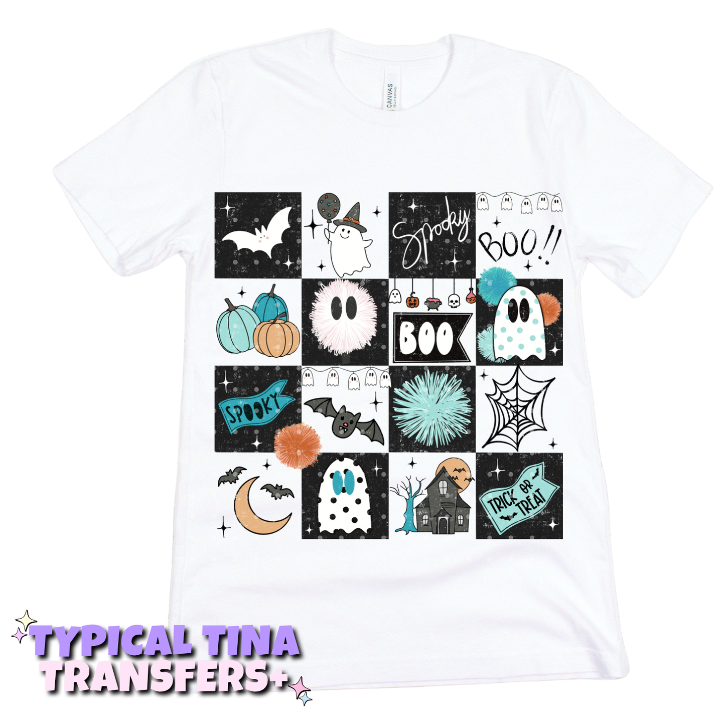 Teal B&W checkered Halloween | DTF Transfers | POD