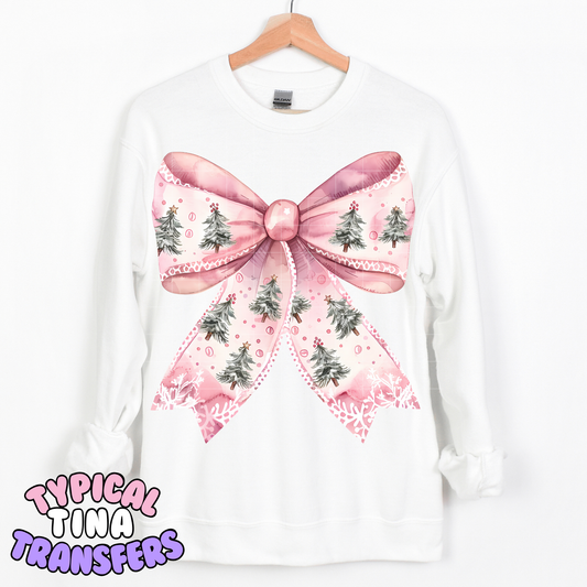 Pink Holiday bow with trees | DTF Transfer | POD