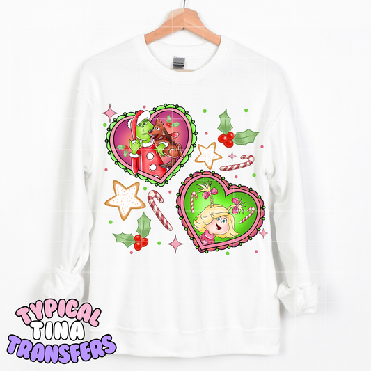 Cute gr!nch and Cindy Green Separate hearts | DTF Transfer | POD