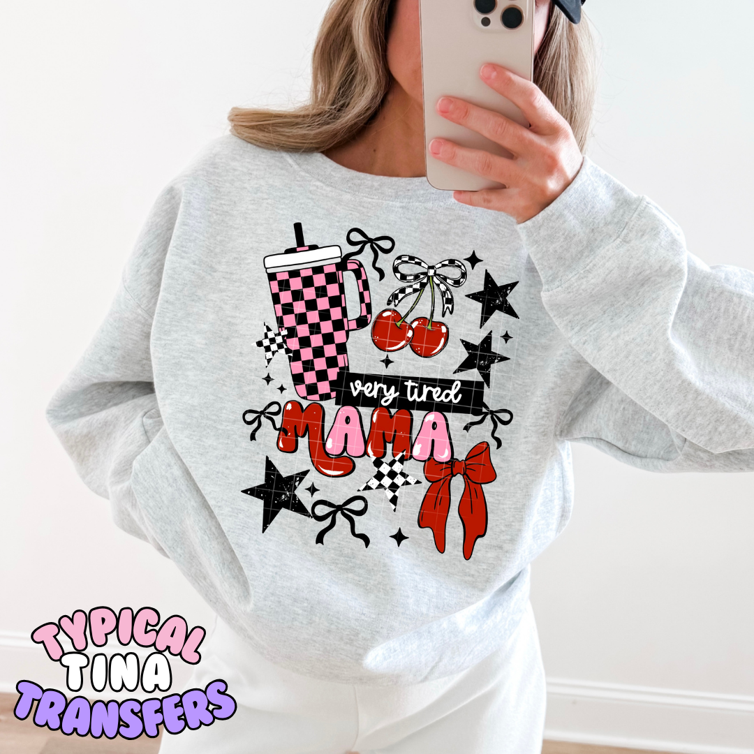 Very Tired Mama red and pink checkered | DTF Transfers | POD
