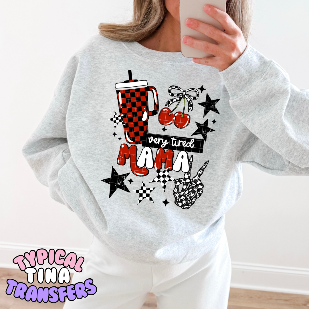 Very Tired Mama red and black checkered | DTF Transfers | POD