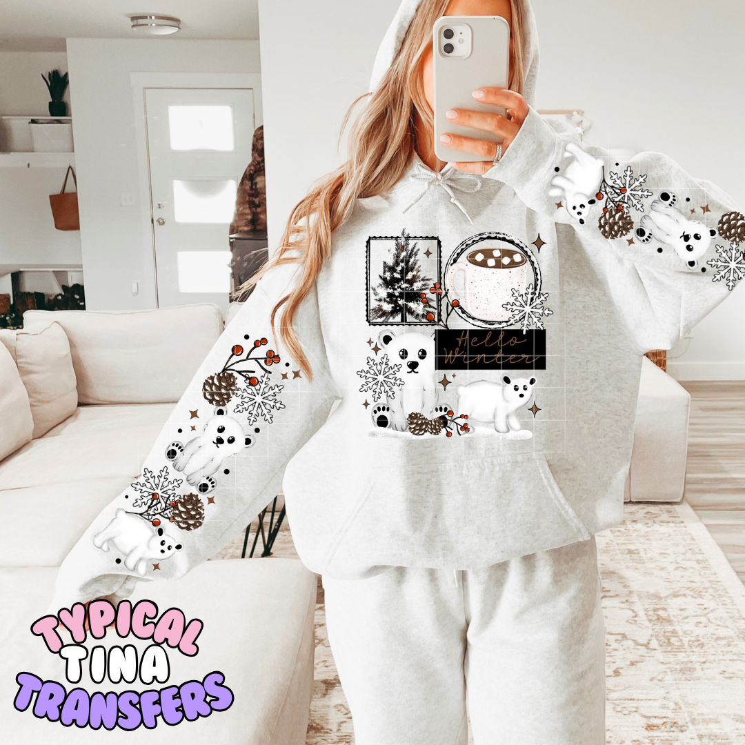 Hello Winter Polar bear and cocoa | DTF Transfers | POD