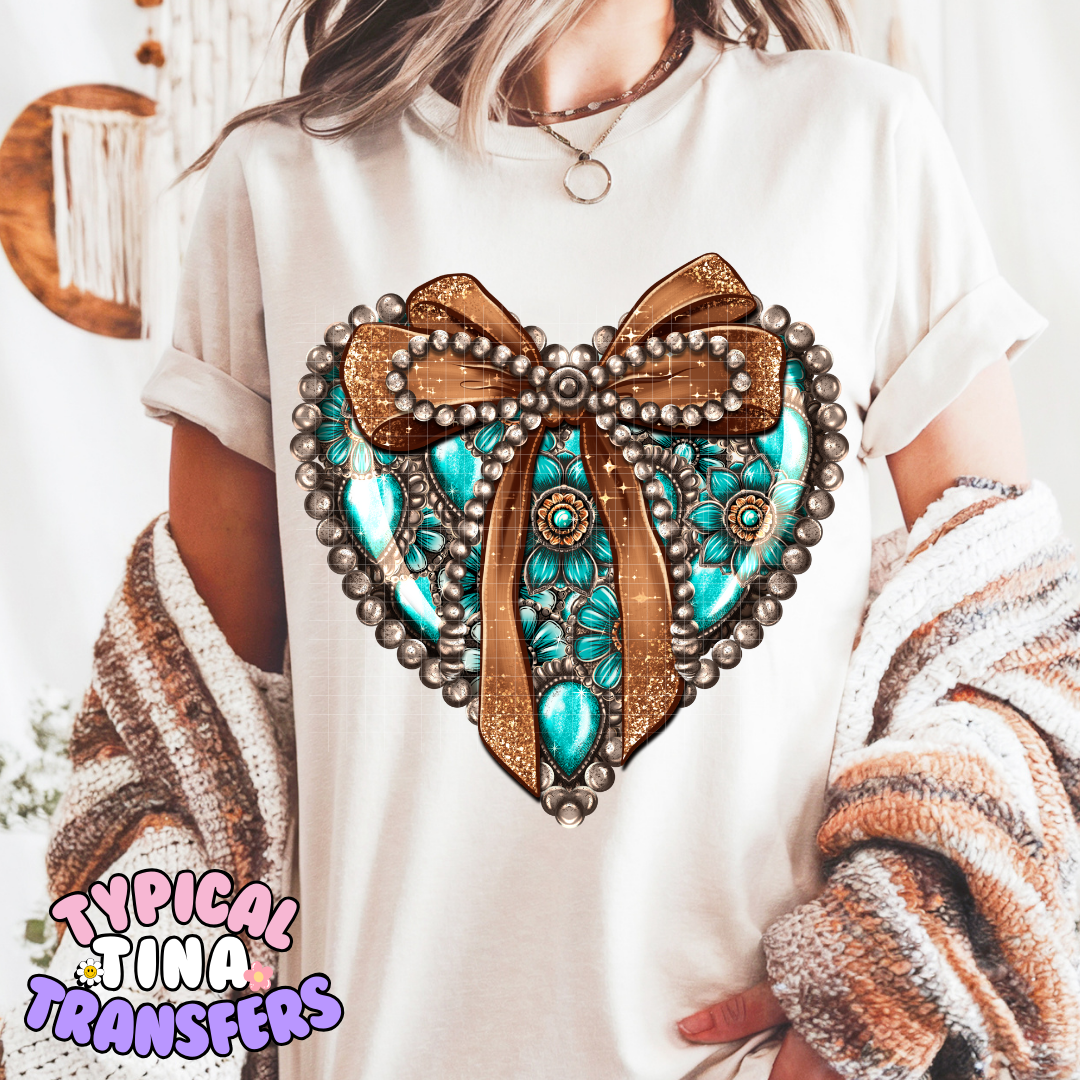 teal Heart Bow | DTF Screen Print | POD