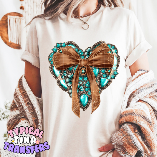 Teal heart Floral with Bow | DTF Screen Print | POD