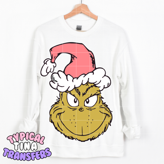Classic Gr!nch with pink santa hat | DTF Transfer | POD