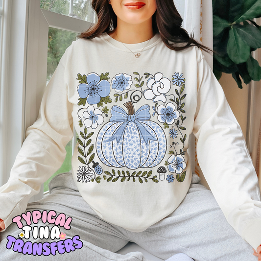 Blue Floral Pumpkin | DTF Transfer | POD