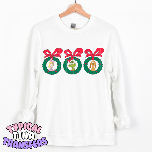 3 Wreaths Gr!nch (red bow) | DTF Transfer | POD