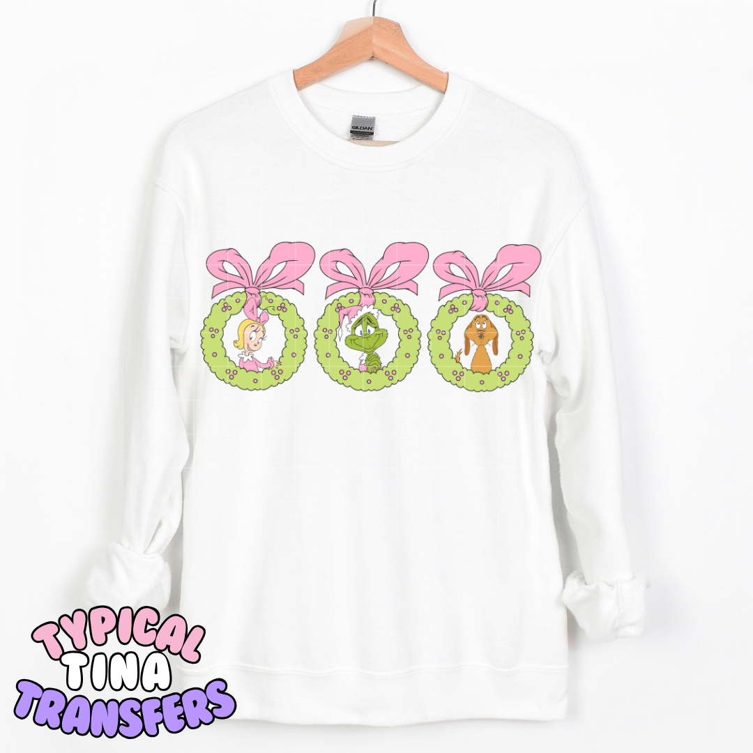 3 Wreaths Gr!nch (pink bow) | DTF Transfer | POD