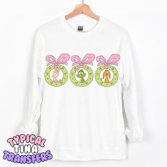 3 Wreaths Gr!nch (pink bow) | DTF Transfer | POD