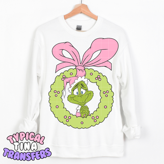 Gr!nchy Wreath (pink bow) | DTF Transfer | POD