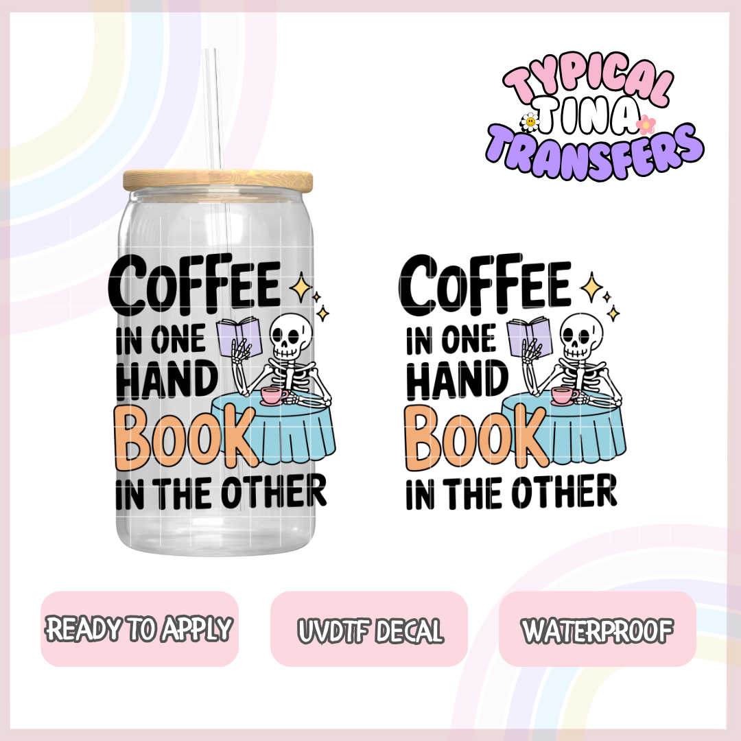 Coffee in one hand book in another skelly | UV decals | POD
