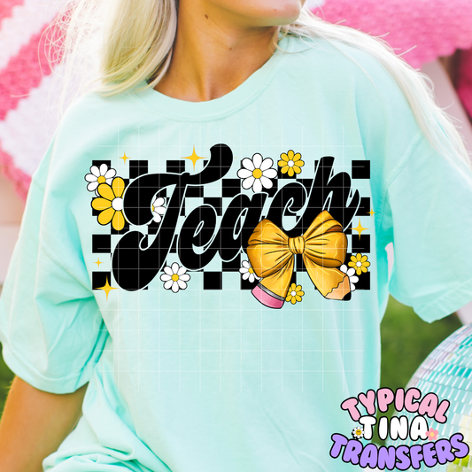 Teacher Checkered Pencil Bow | DTF Screen Print | POD