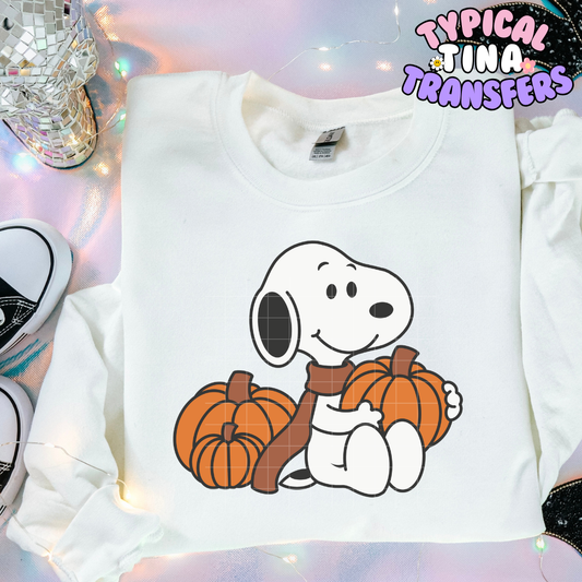 Cute Pup with pumpkins | DTF Transfer | 11" Adult