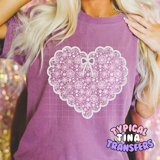 Doilie Heart and Florals | DTF Screen Print | POD