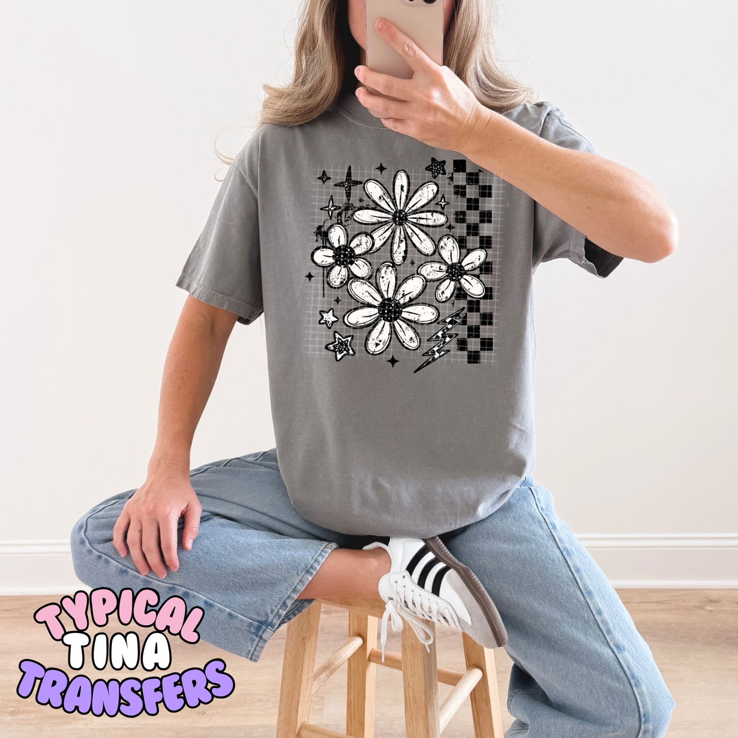 White daises checkered pattern | DTF Transfers | POD