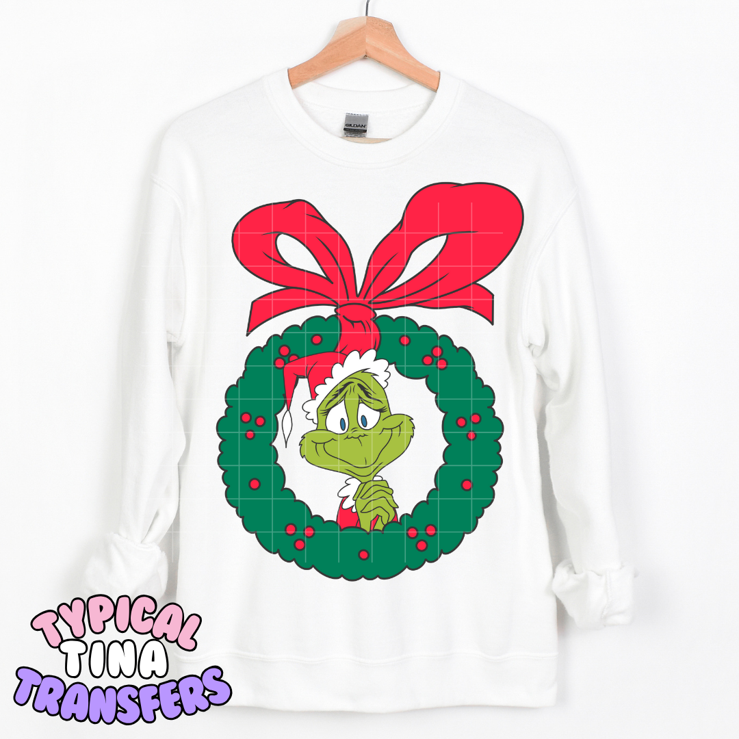 Gr!nch Wreath (red bow) | DTF Transfer | POD