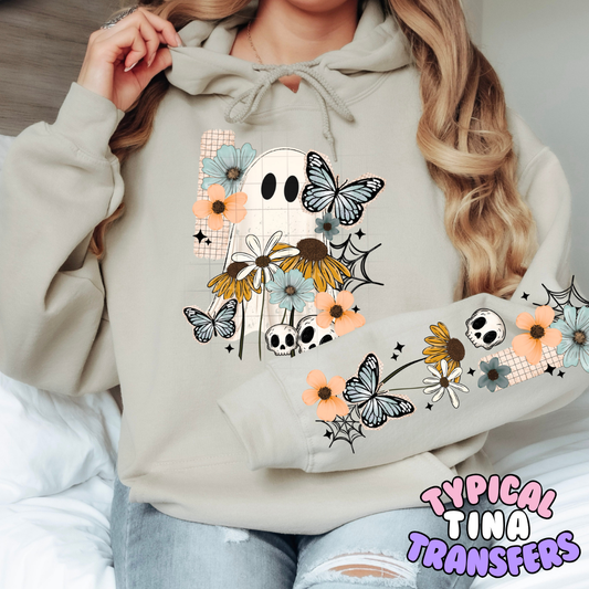 Spring time ghost with florals and blue butterflies | DTF Transfers | POD