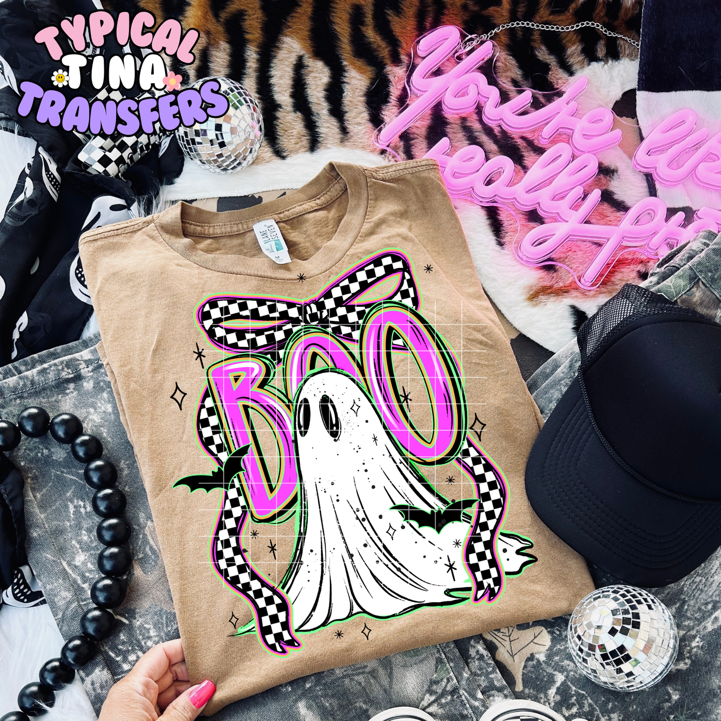 Boo Ghost BW checkered bow | DTF Transfer | POD