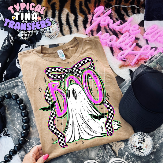 Boo Ghost BW checkered bow | DTF Transfer | 15" Adult