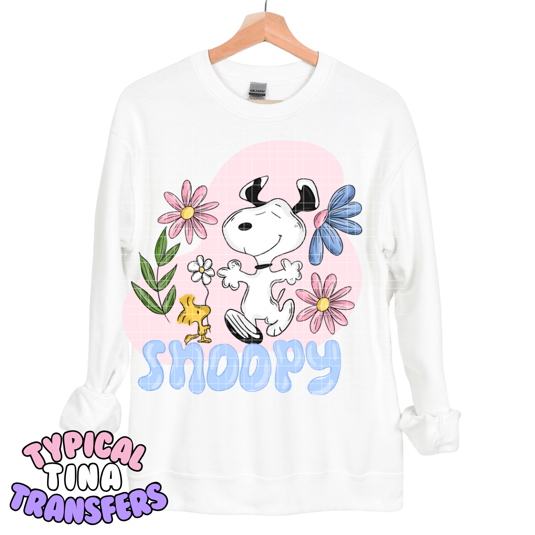 Cute Pup with florals - pink background | DTF Transfers | POD