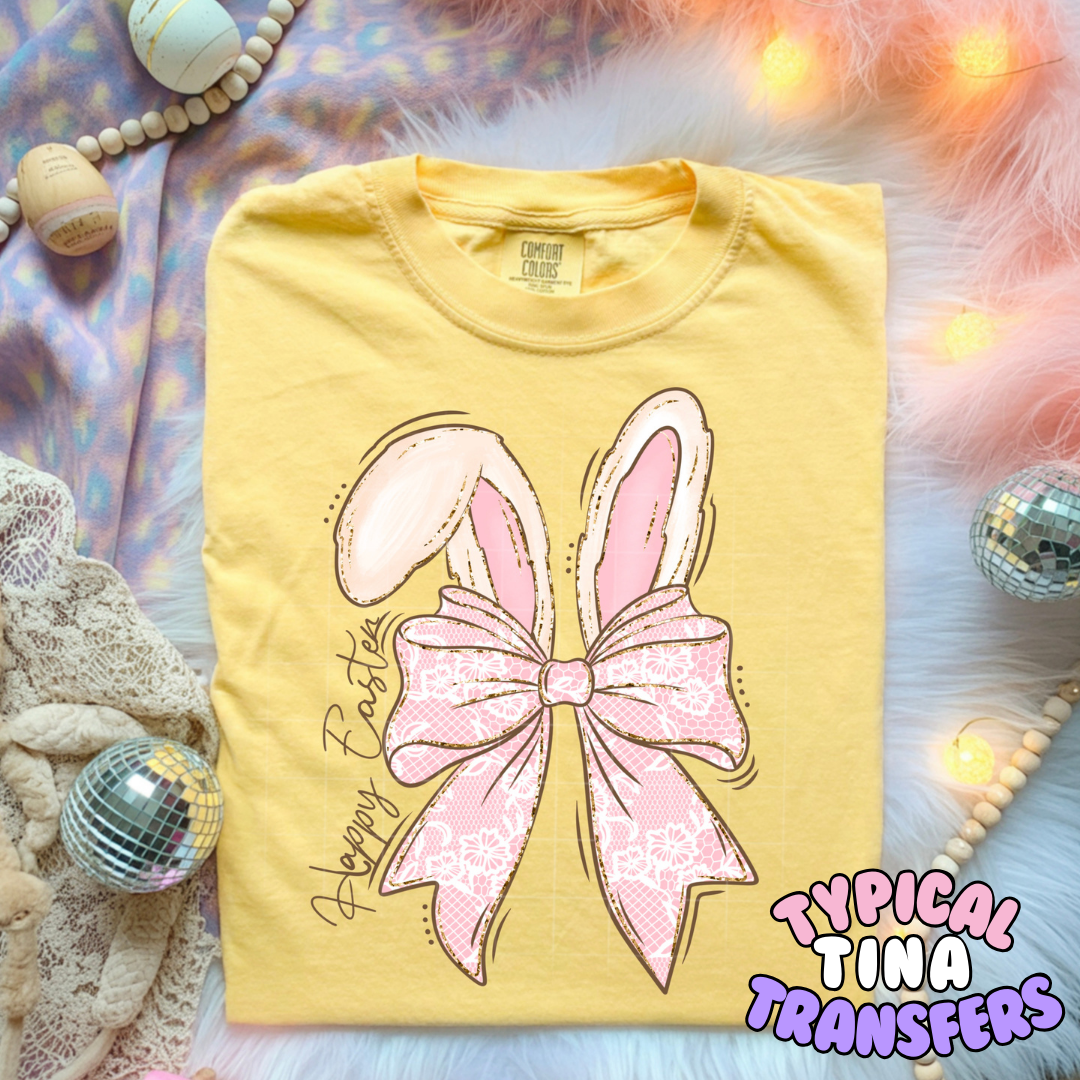 Happy easter pink bunny ears and bow | DTF Transfers | POD