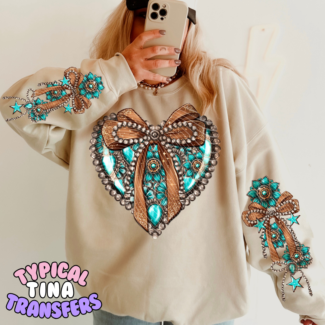 Teal beaded heart with bow | DTF Transfers | POD