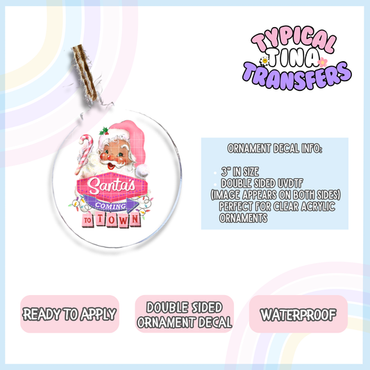 Santa Coming to Town Pink | 3" Ornament Decal