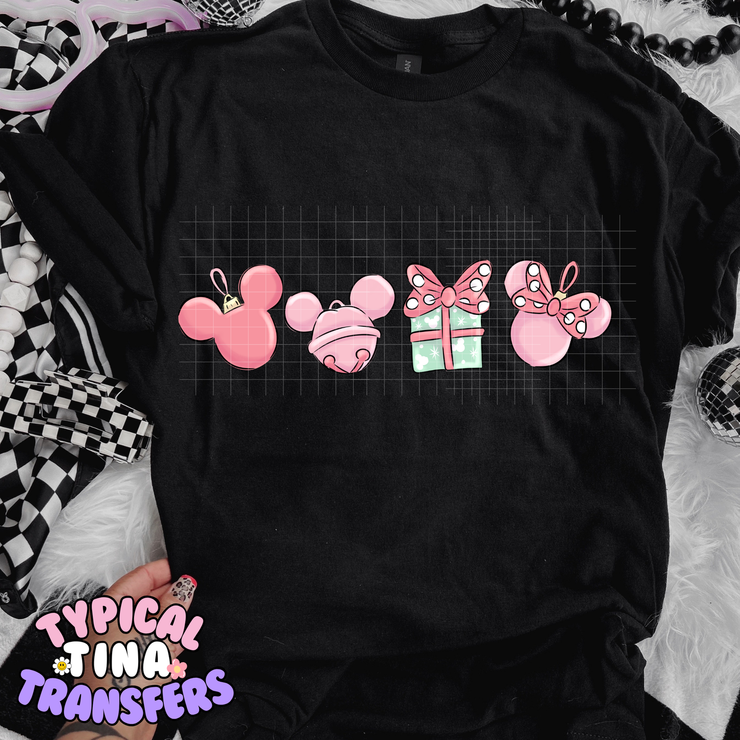 Pink Holiday Mouse Ornaments  | DTF Transfer | POD