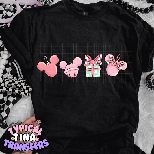 Pink Holiday Mouse Ornaments | DTF Transfer | POD